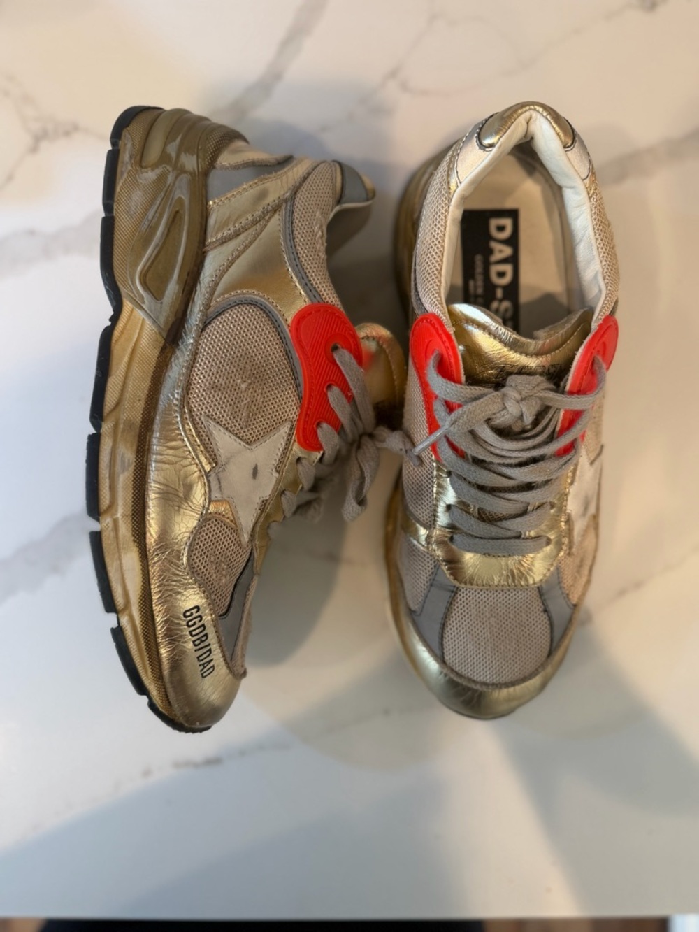 Golden Goose Dadstar Metallic Gold Sneakers with Red orange Eyelet Accents - Picture 4 of 9